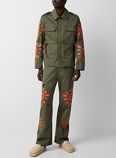 Bluemarble Khaki Embroidered flowers cargo pant for men