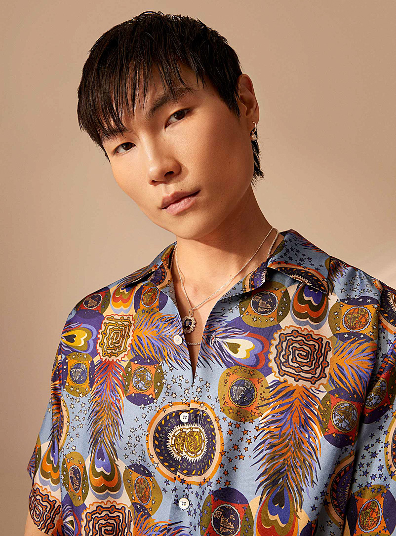 Bluemarble Brown Multi-pattern pure silk shirt for men