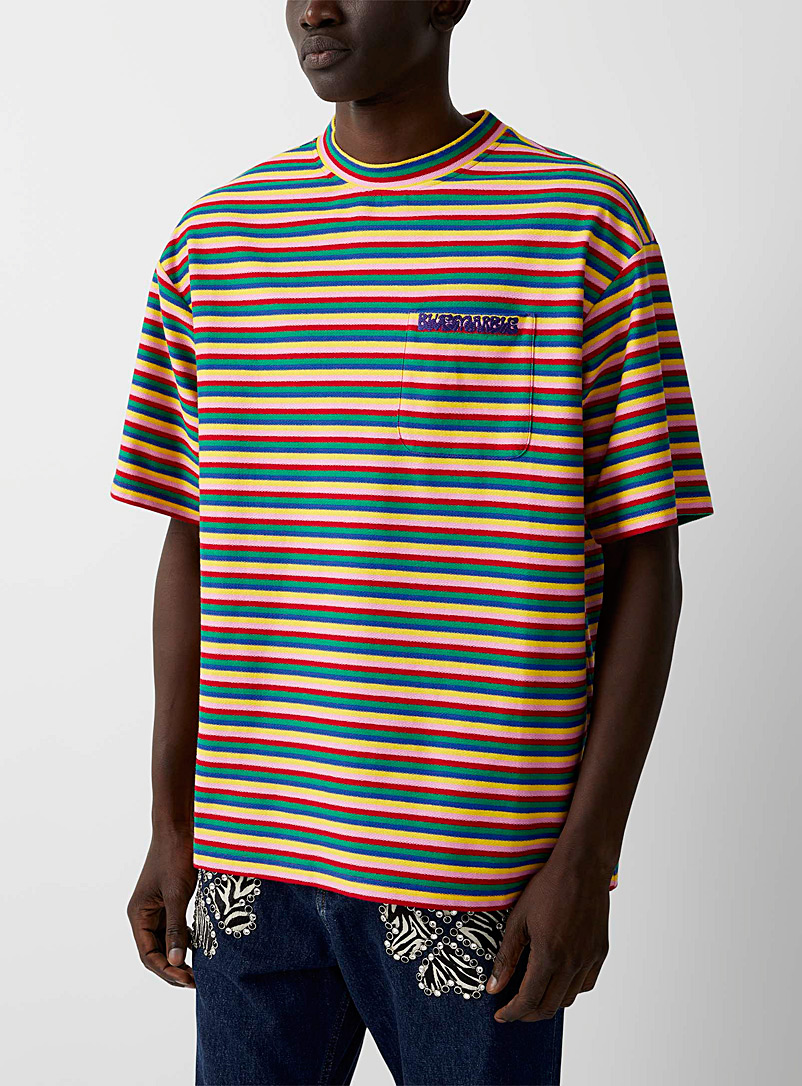Bluemarble Patterned Blue Multicoloured stripes terry T-shirt for men