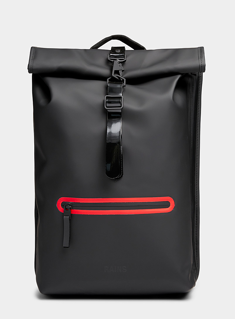 Rains Black Rucksack red-accent roll-up backpack for men