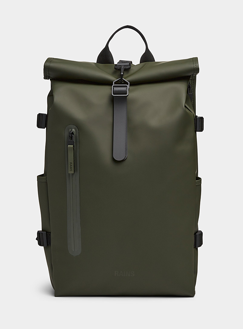 Rains Green Large Rucksack roll-up backpack for men