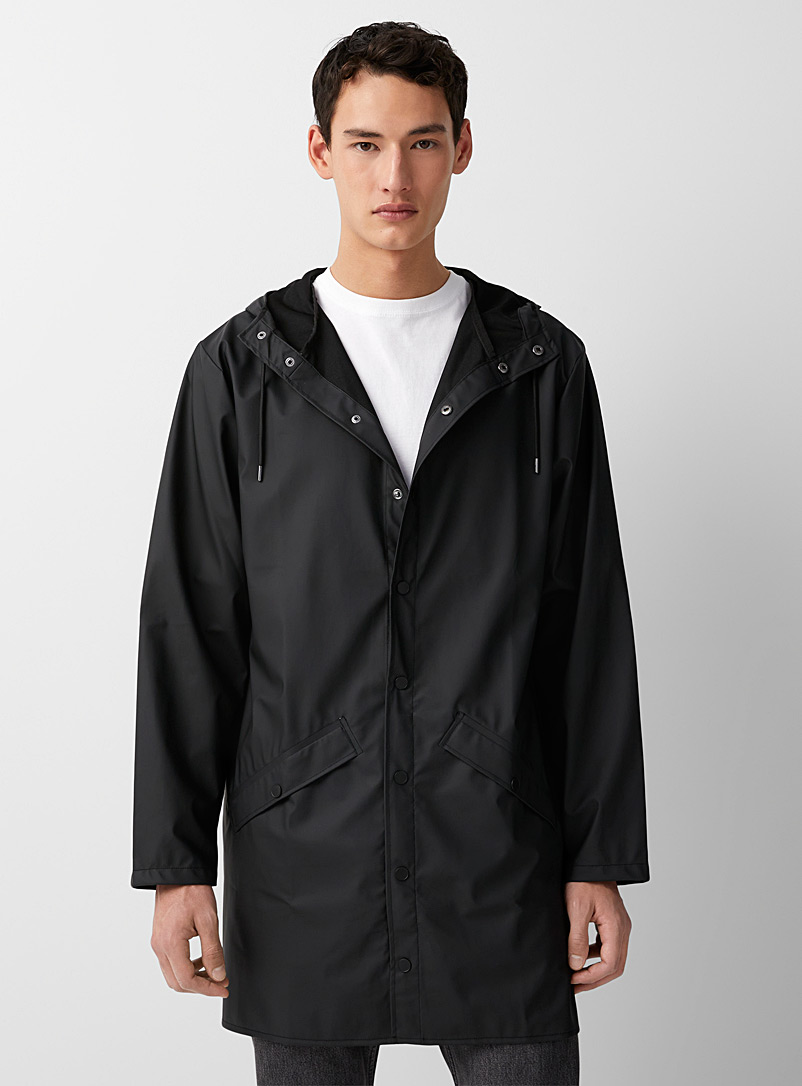 Rains Black Long minimalist raincoat for men