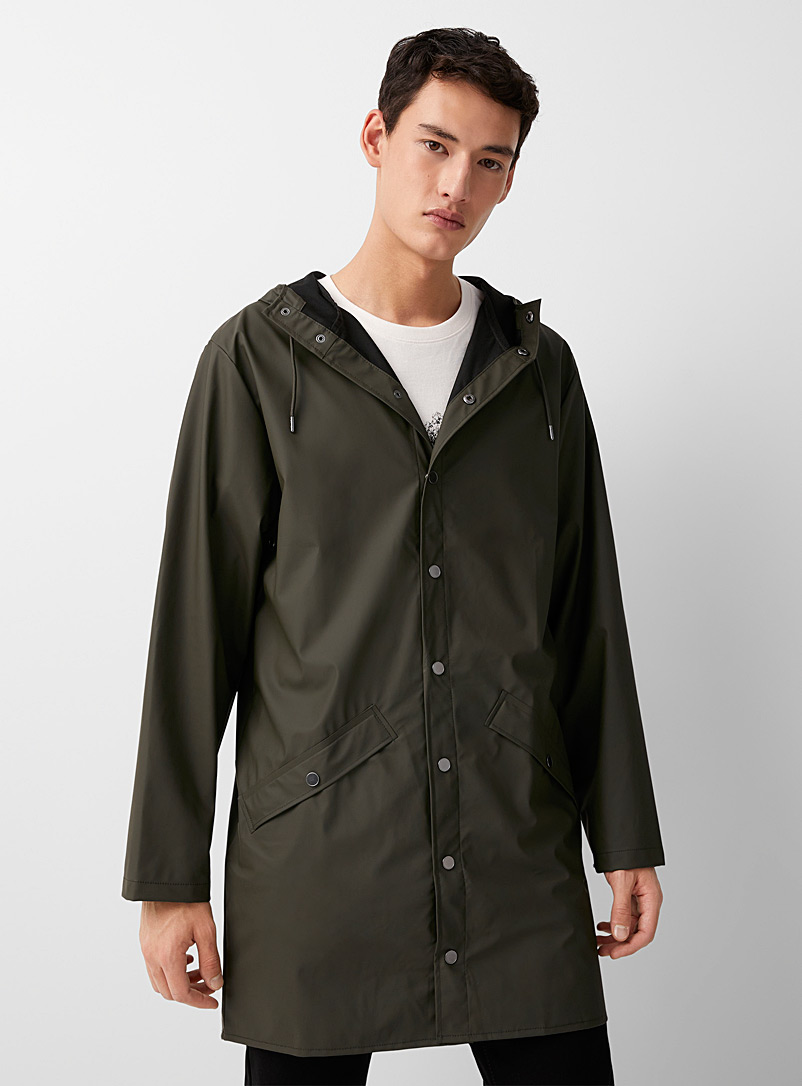 Rains Green Long minimalist raincoat for men