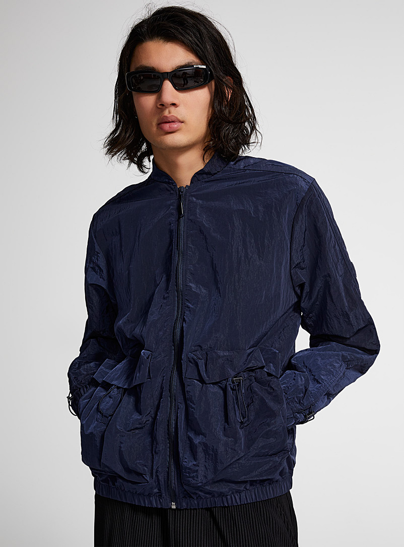Rains Marine Blue Crisp metallic fabric bomber jacket for men