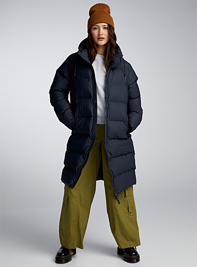 Rains Marine Blue Alta long quilted hooded jacket for women