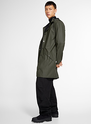 Rains Green Long minimalist raincoat for men