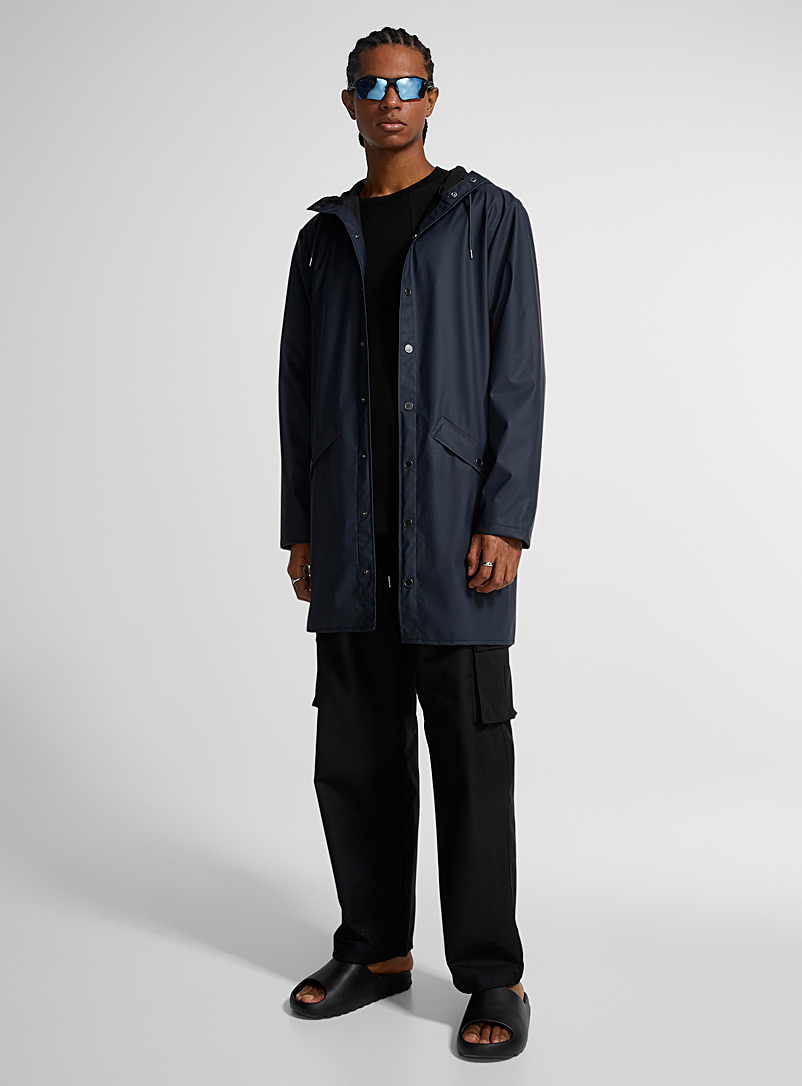 Rains Marine Blue Long minimalist raincoat for men