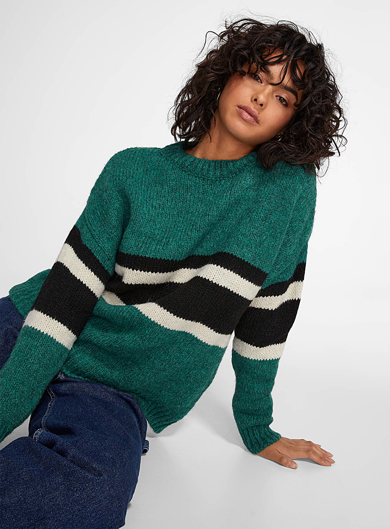 Icône Patterned green Striped block loose sweater for women