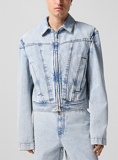 Louis Gabriel Nouchi: La veste en jean zipp&eacute;e &agrave; &eacute;paulettes Unisexe Bleu p&acirc;le - Bleu ciel pour homme