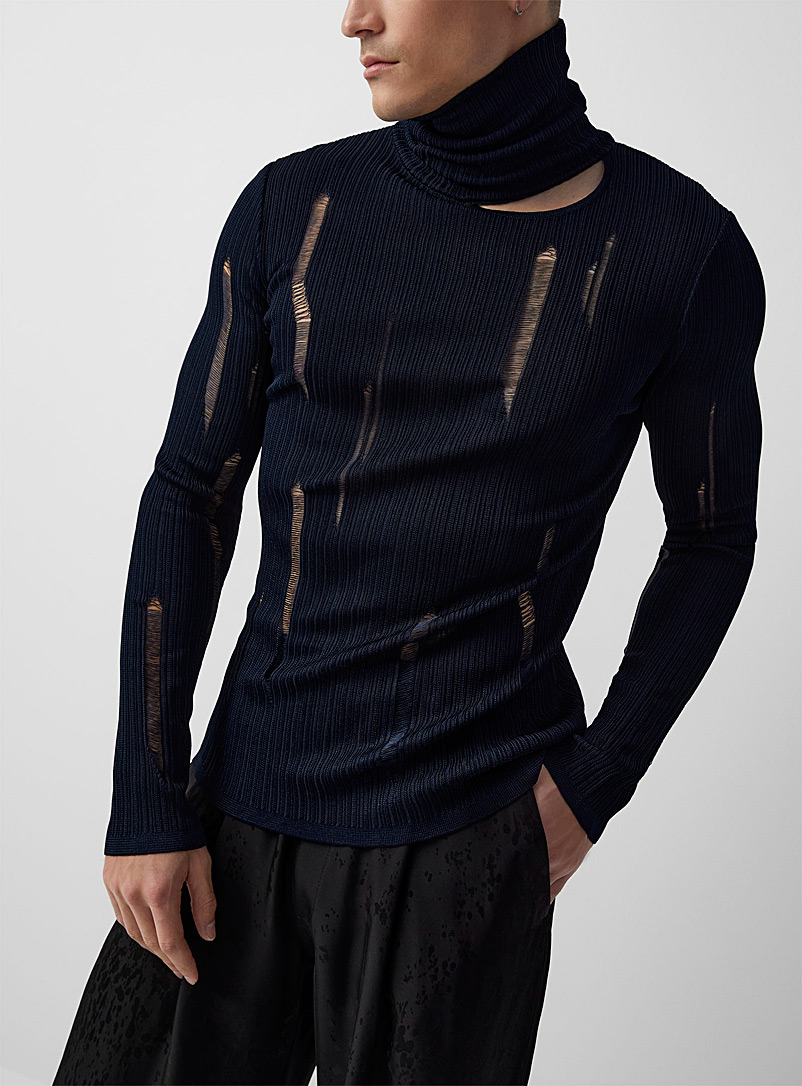 Louis Gabriel Nouchi Marine Blue Rib knit sweater with opening for men