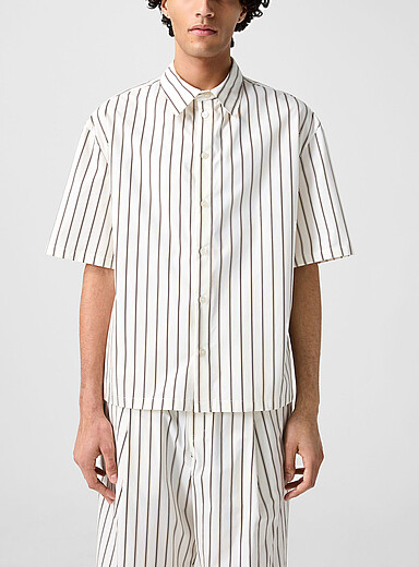 Louis Gabriel Nouchi: La chemise carr&eacute;e popeline ray&eacute;e Ivoire - Beige cr&egrave;me pour homme