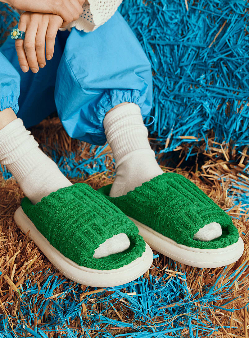 Religious Comfort Green Textured terry platform slippers Women for women