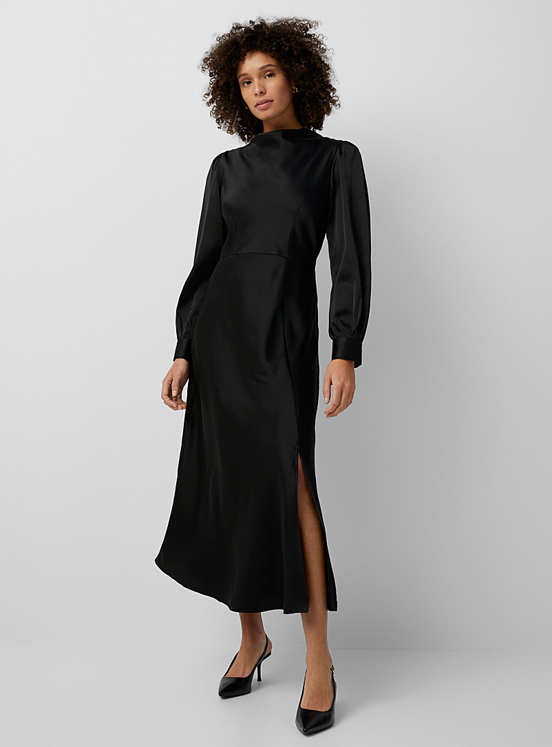 Y.A.S Black Puff-sleeve long satin dress for women