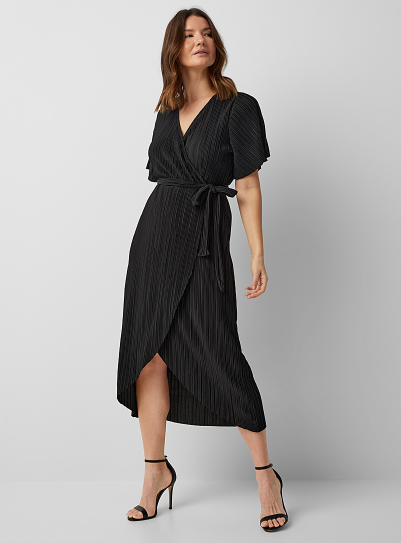 Y.A.S Black Satiny pleating wrap dress for women