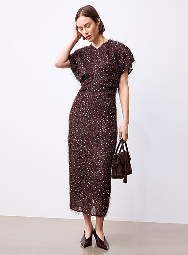 Y.A.S Hazelnut Long sequin and feather-fringe dress for women