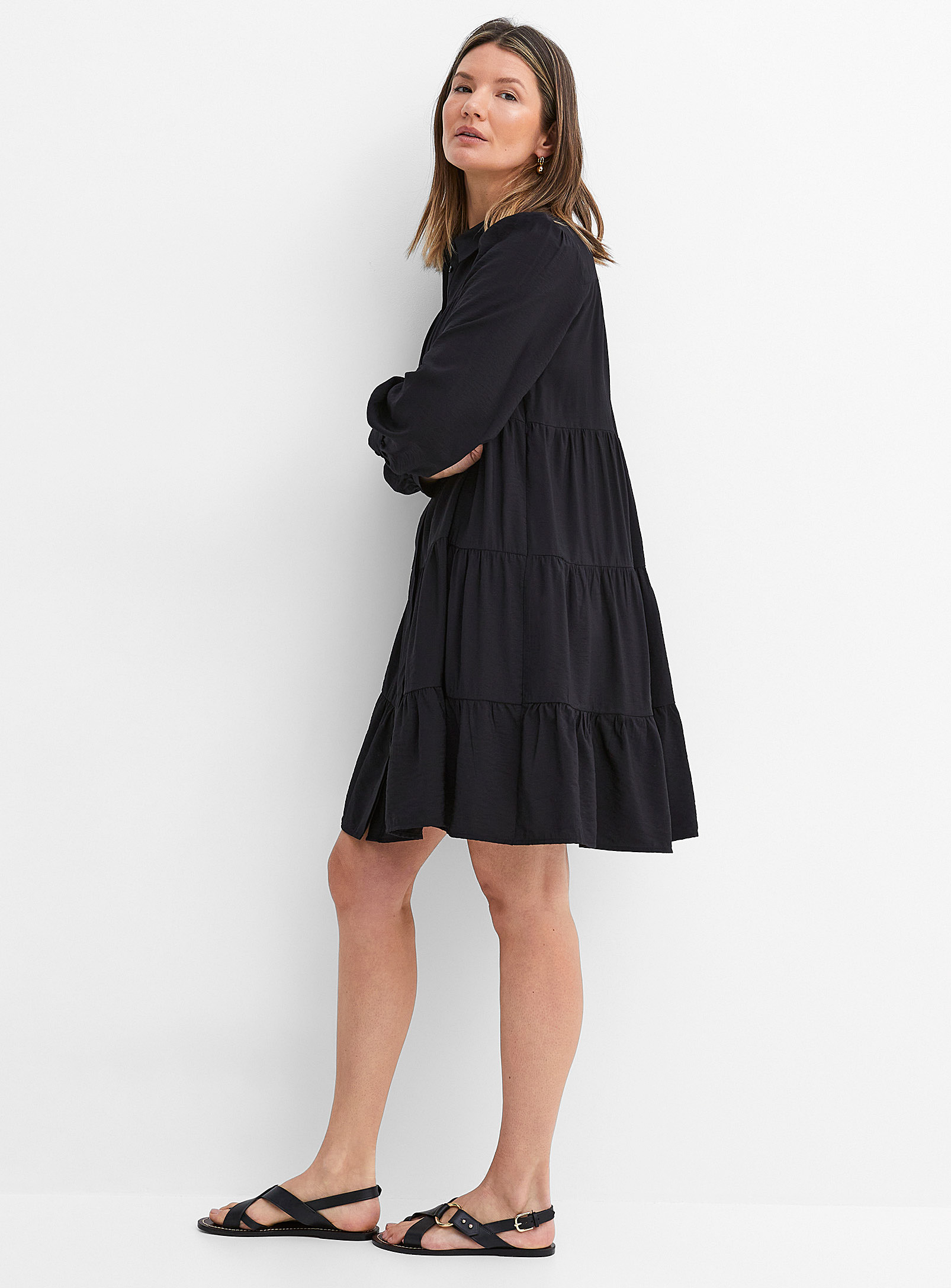 Y.a.s. Puff-sleeve Tiered Shirtdress In Black