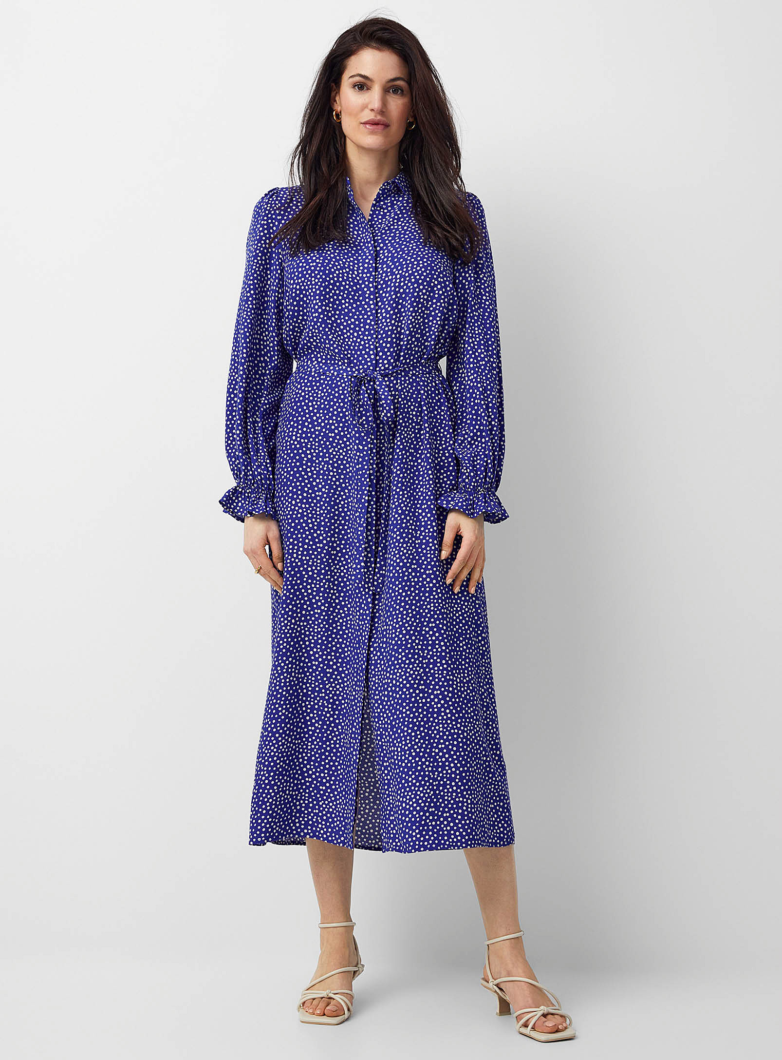 Y.a.s. Puff-sleeve Polka Dot Shirtdress In Patterned Blue