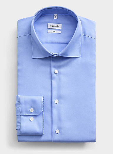 Seidensticker: La chemise sans repassage unie <b>Coupe ajust&eacute;e</b> Bleu pour homme
