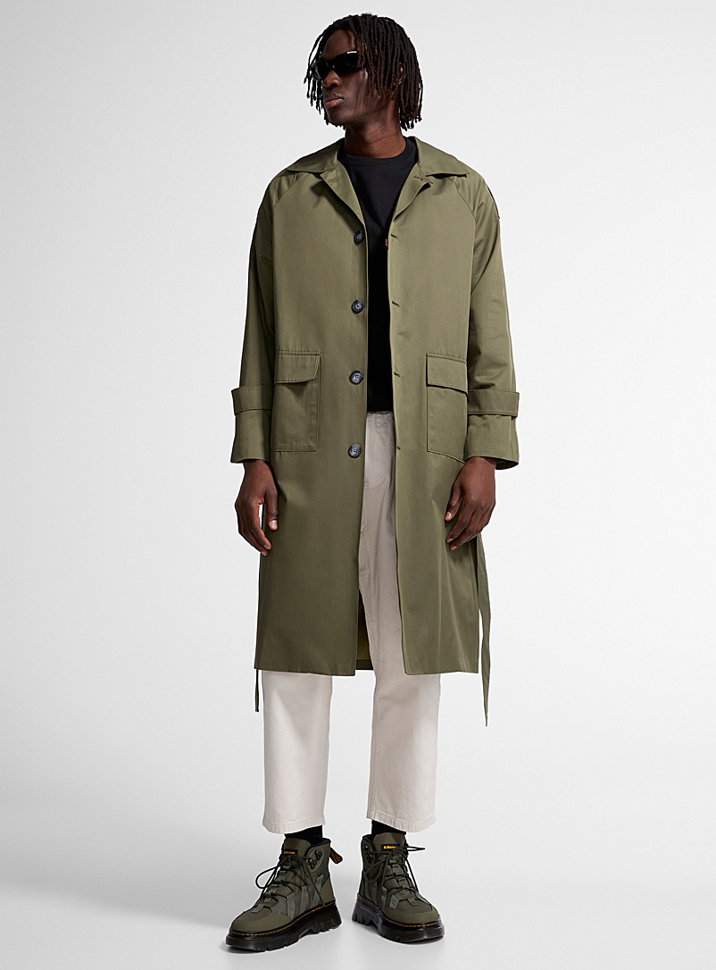 By the oak Mossy Green Khaki belted long trench coat for men