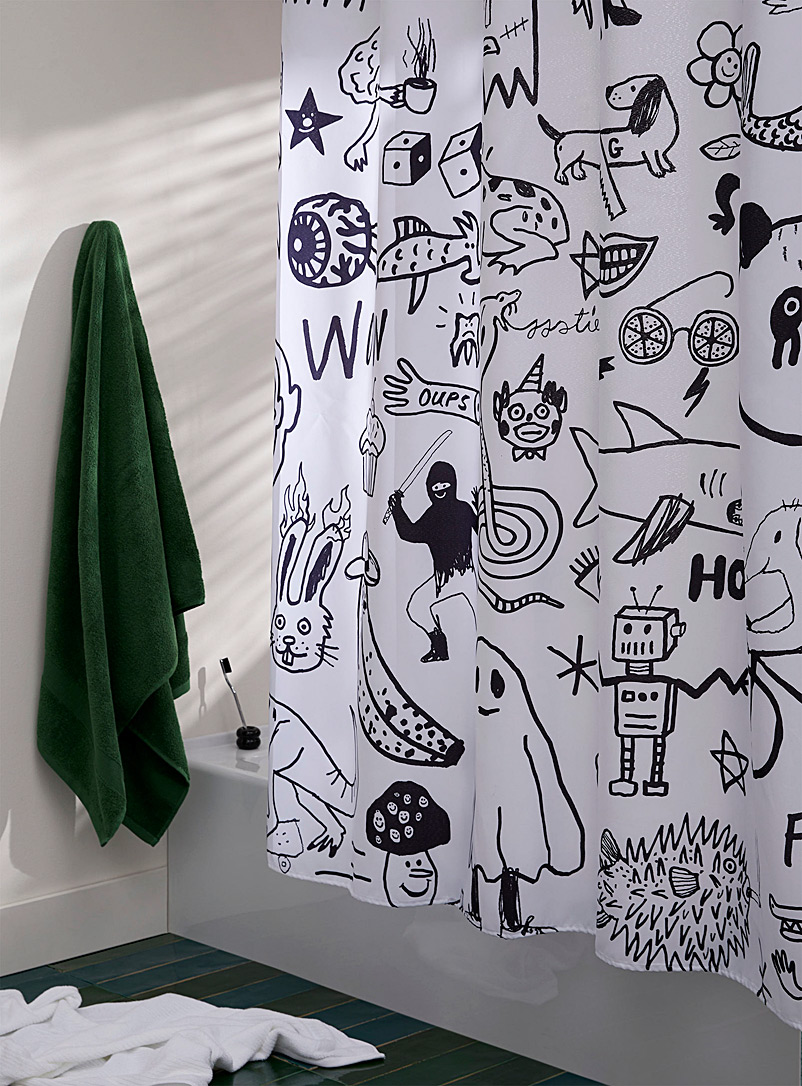 Costume de bain: Le rideau de douche Requin Marteau En collaboration avec l'artiste Léveillée Limitée Blanc et noir