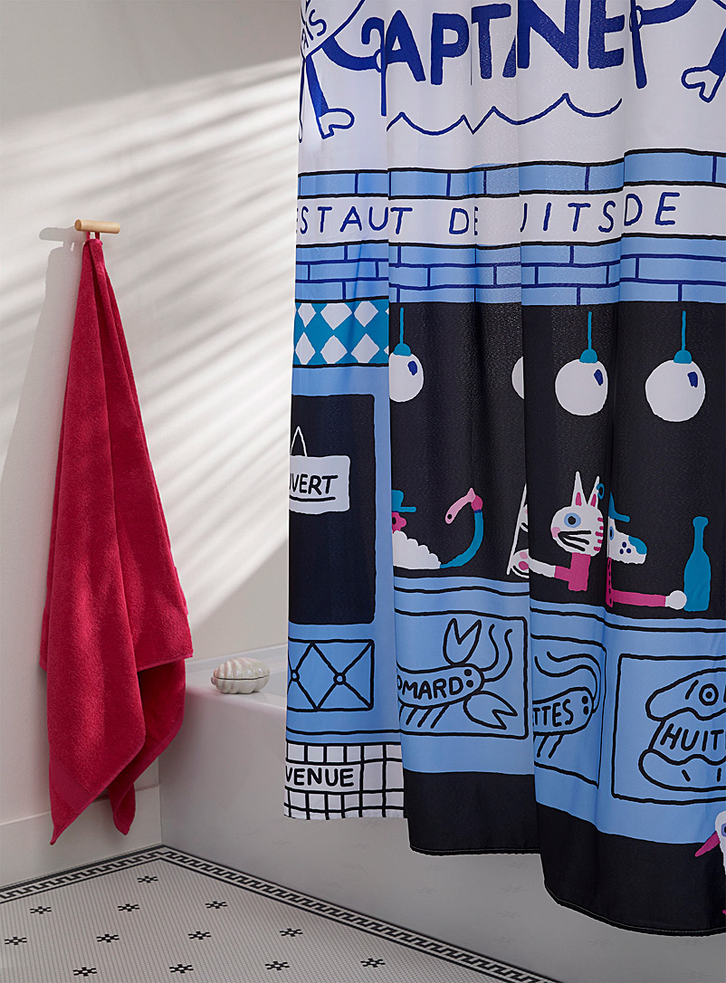 Costume de bain Patterned Blue Le vieux capitaine shower curtain In collaboration with artist Ben Tardif