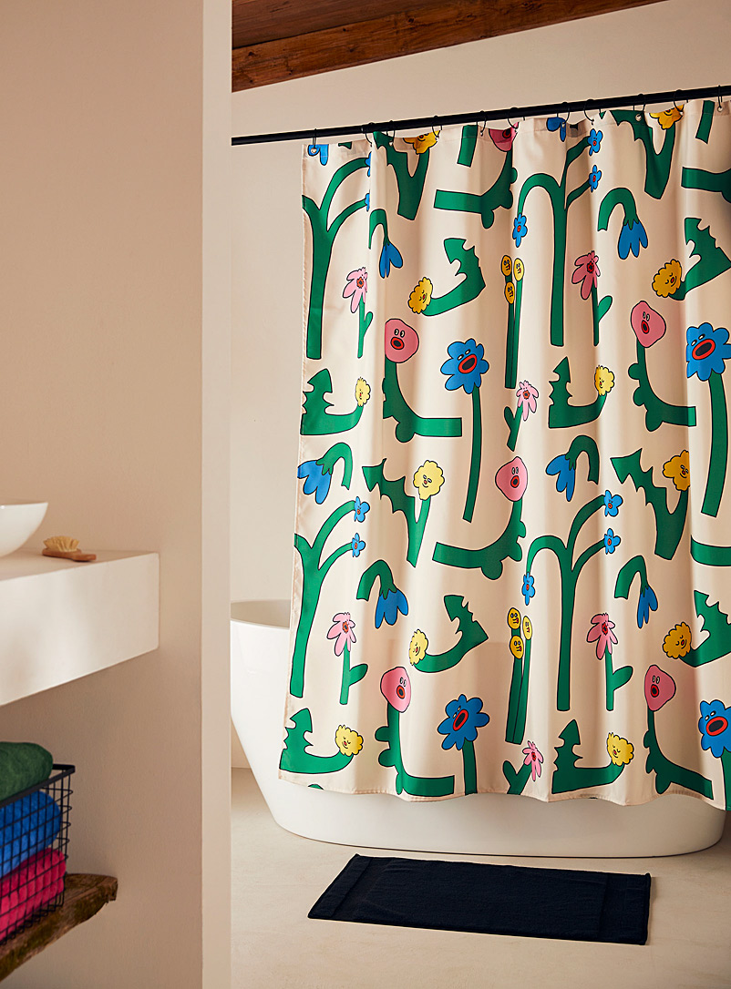 Costume de bain Patterned White Singing flowers shower curtain In collaboration with the artist Pony