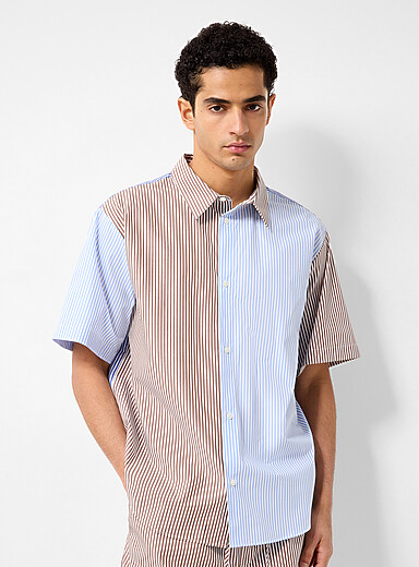 Brown and blue striped crisp poplin shirt