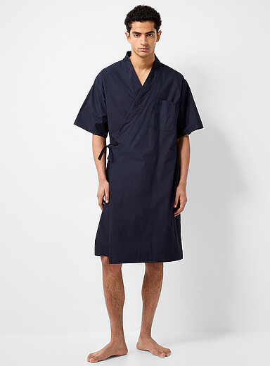 Rue de Tokyo Navy/Midnight Blue Crisp navy poplin kimono robe for men