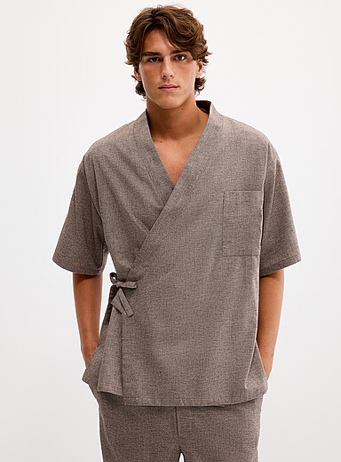 Rue de Tokyo: La chemise kimono chevrons beige Taupe pour homme