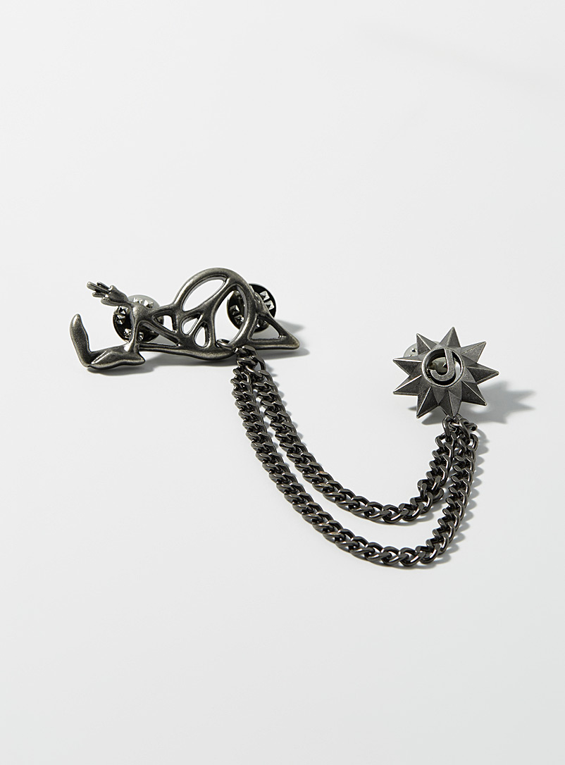 Le 31 Dark Grey Peace sign double chain brooch for men