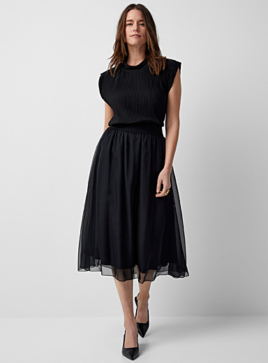 Sundry Midi Skirt - Linen Look High Waisted Cross Front Detail Skirt in  Black