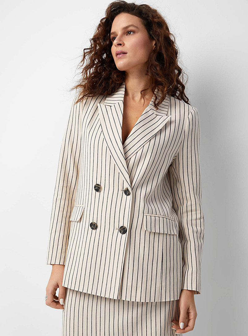 Beige Double Breasted Textured Tailored Blazer