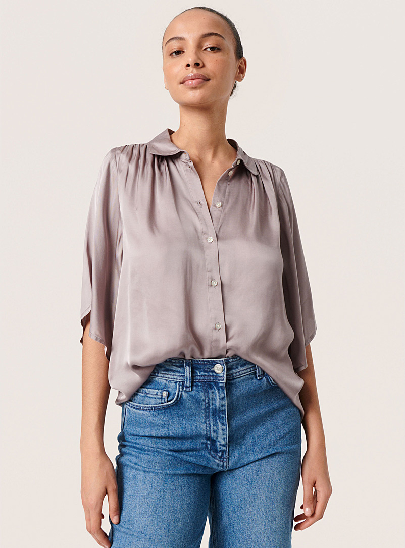 Soaked in Luxury Grey Hela ruched shoulder satiny shirt for error
