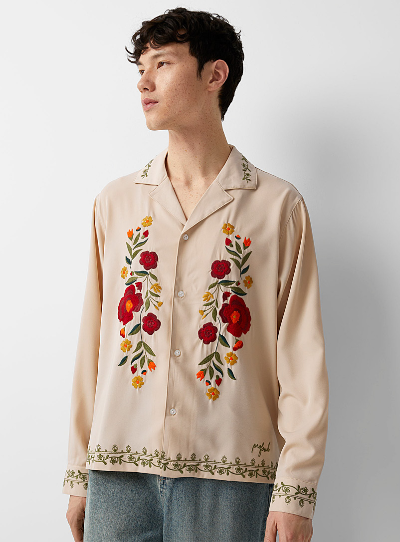 Le 31 Cream Beige Embroidered flowers fluid shirt for men