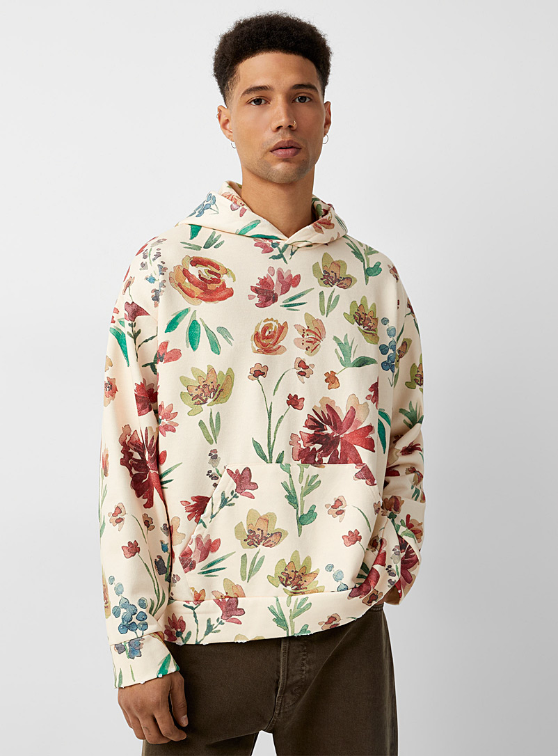 Profound Cream Beige Painterly flower hoodie for men