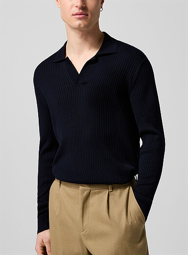 Sunspel Navy/Midnight Blue Johnny collar cotton-silk ribbed polo shirt for men