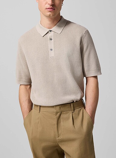 Sunspel Ivory/Cream Beige Openwork knit polo shirt for men
