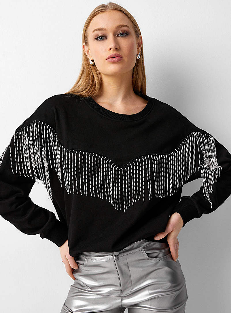 Icône Black Rhinestone fringes loose sweatshirt for women