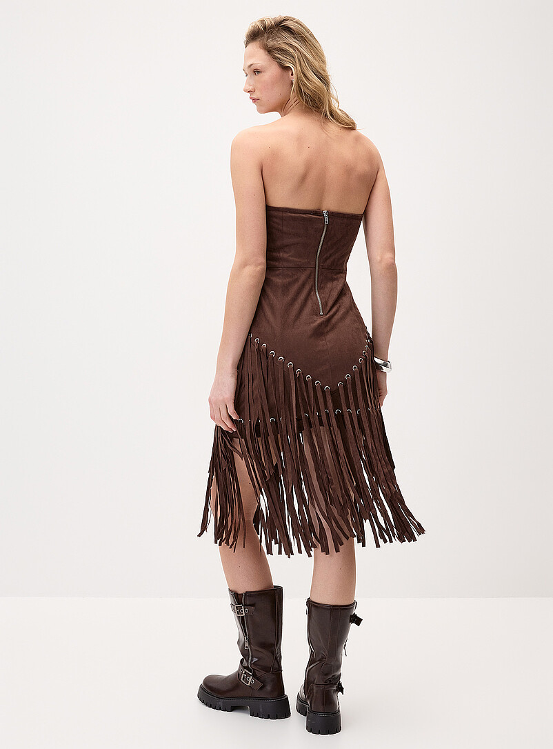 Twik Chocolate/Espresso Fringed studded suede tube dress for women