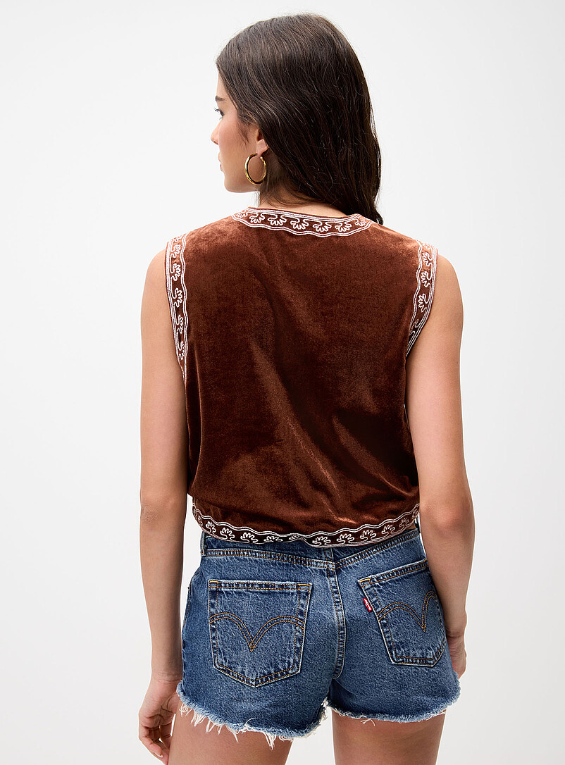 Twik: La veste sans manches velours fleurs western Chocolat - Espresso pour femme