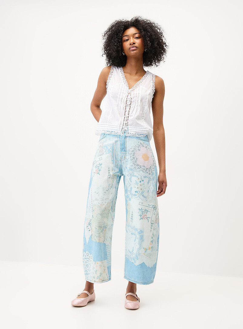 Patchwork print barrel-leg jean product image (primary)