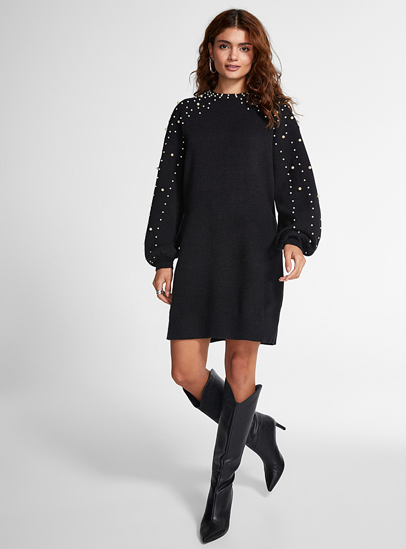 Icône Black Beaded balloon-sleeve knit dress for women