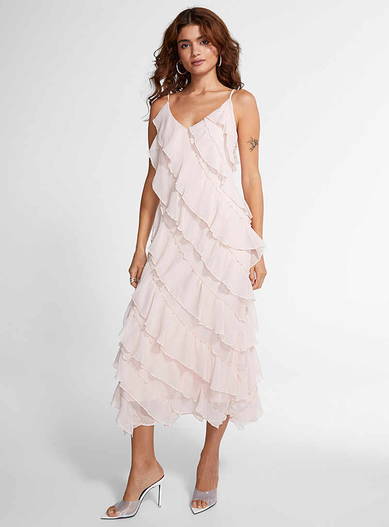 Icône Pink Cascading ruffles midi dress for women
