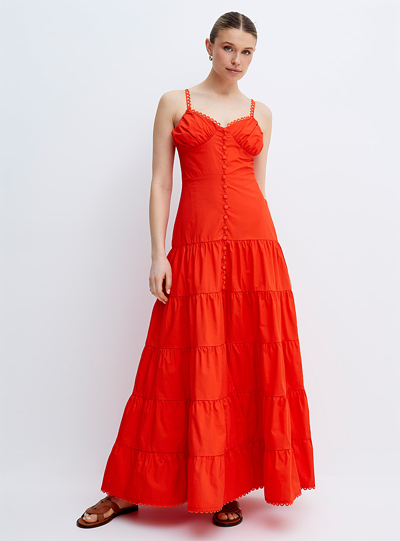 Icône Red Vibrant tangerine long tiered dress for women