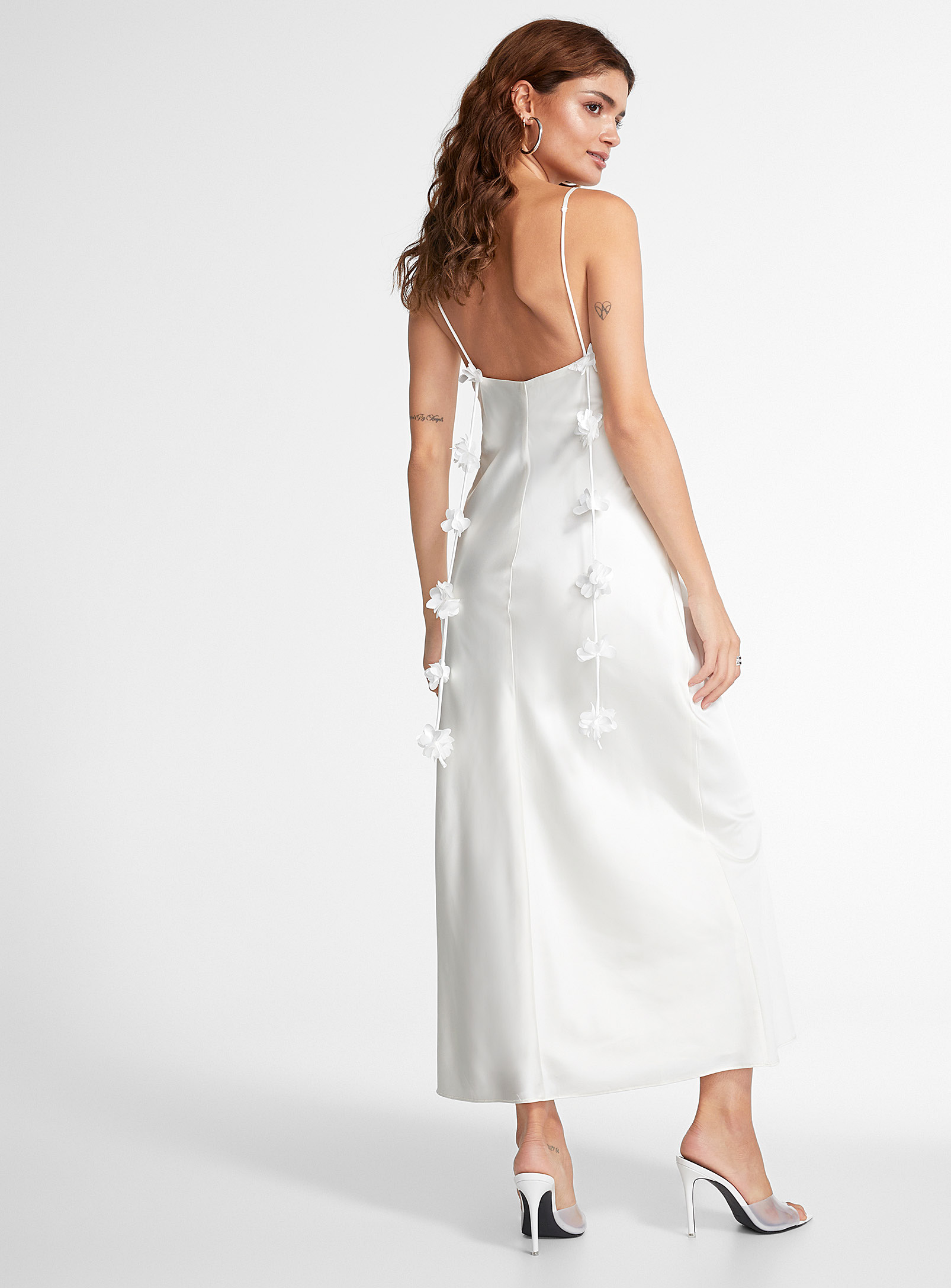 Icone Flowery Straps Satiny Midi Dress In Ivory White