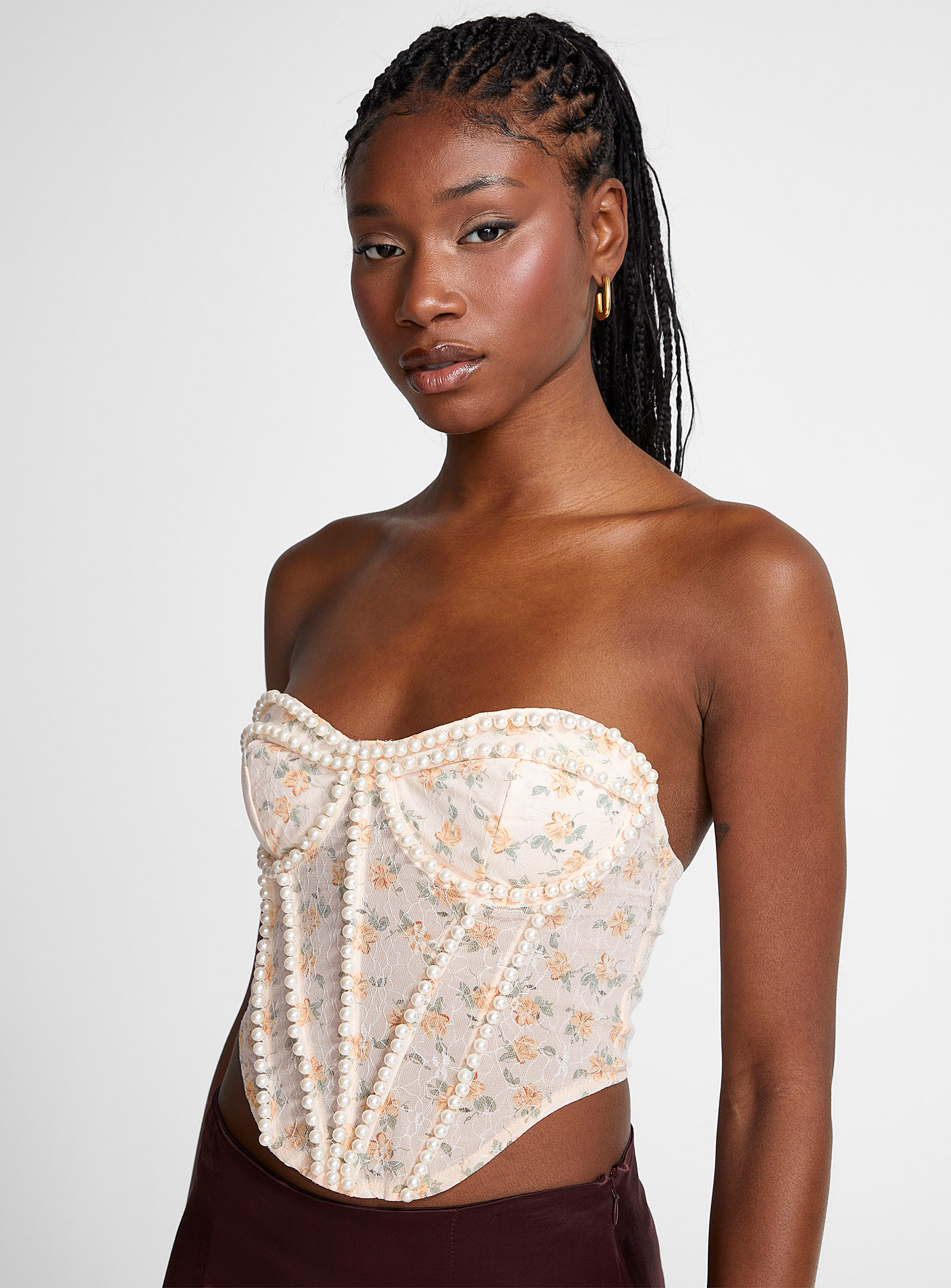 Icone Flowers And Pearls Micromesh Corset In Patterned Ecru