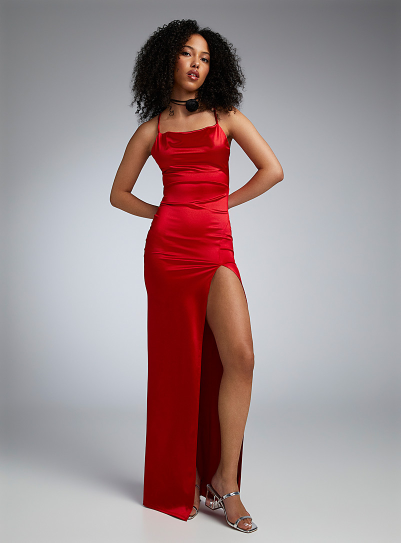 Twik Red Satiny fitted draped-neck dress for women