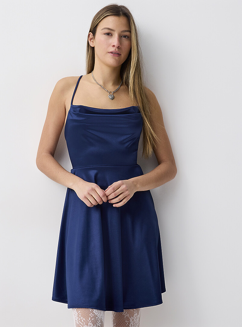 Twik Navy/Midnight Blue Satin draped collar dress for women