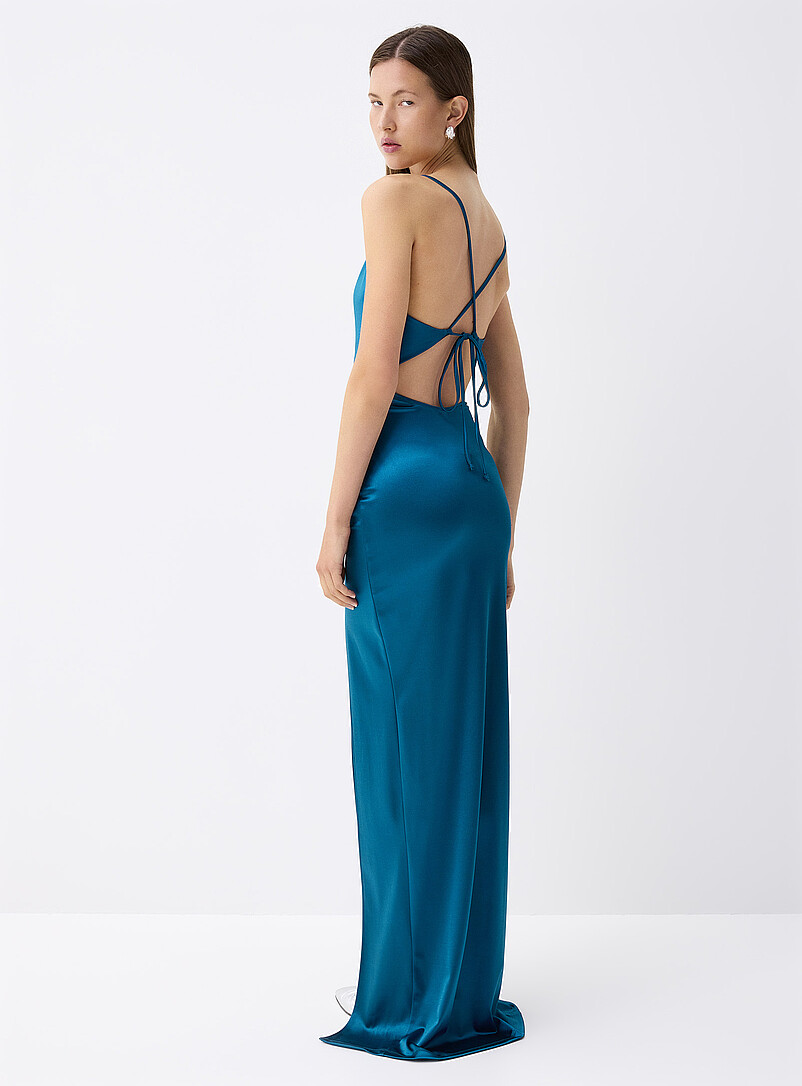 Satiny Fitted Draped-Neck Dress