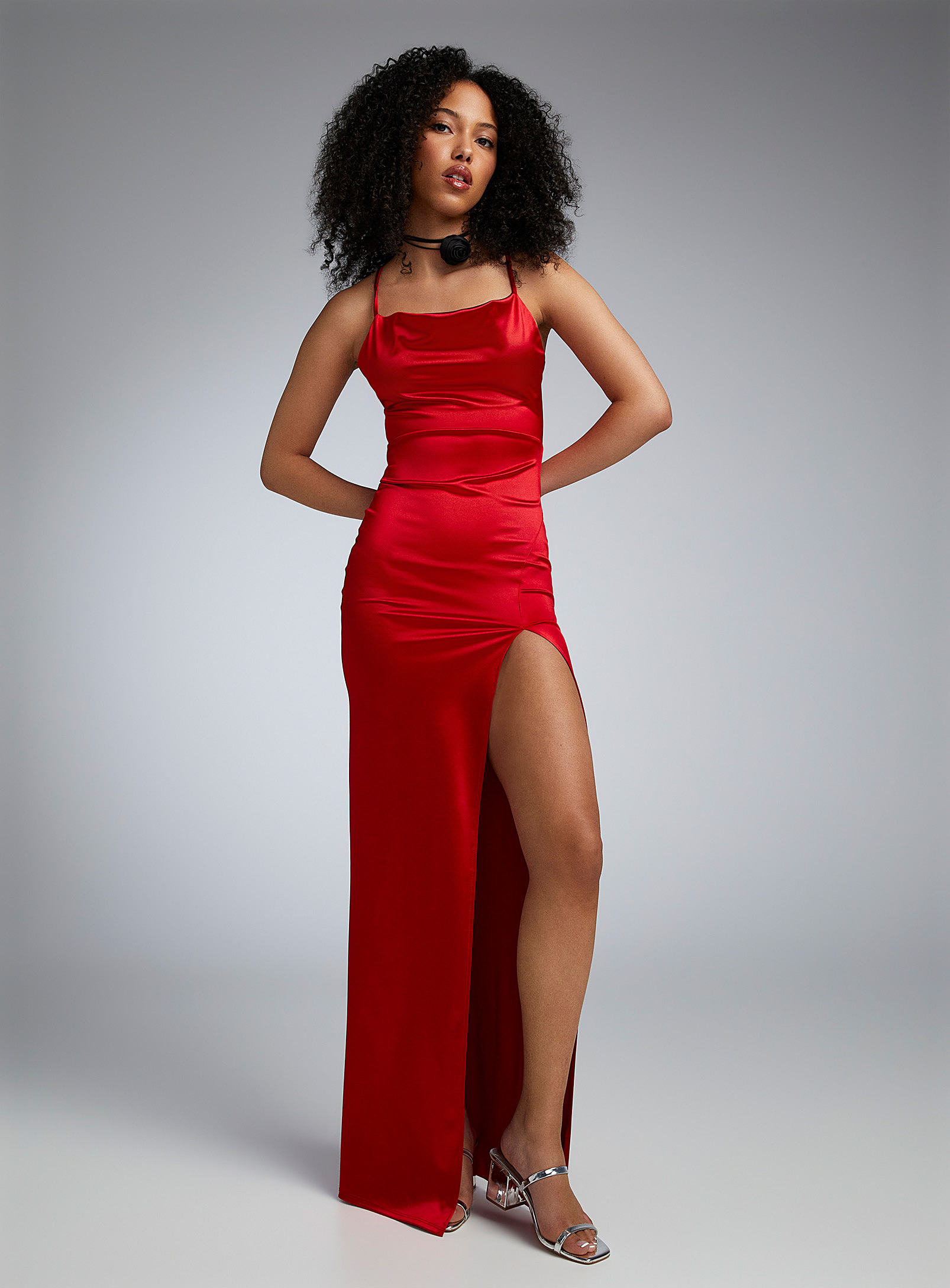 Twik Satiny Fitted Draped-neck Dress In Red